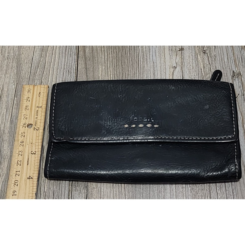 Fossil Black Leather Wallet Clutch Zip Around Continental Style